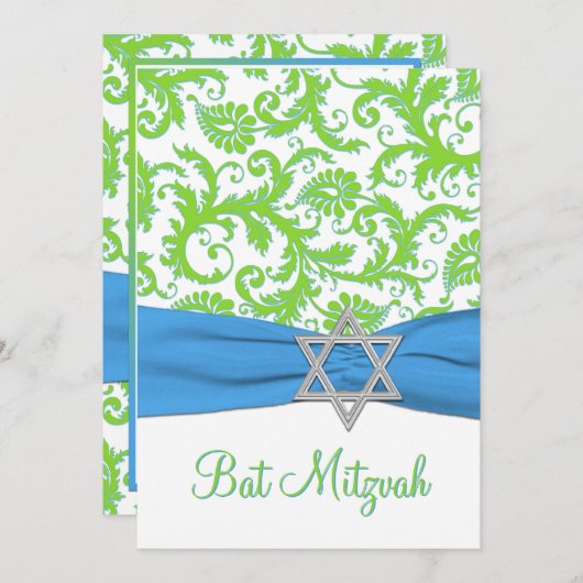 Limoen, wit, blauw Damask AFGEDRUKTE RIBBON Kaart (Voorkant / Achterkant)