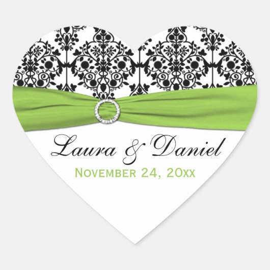 Limoen, wit en zwart Damask Heart Shape Sticker (Voorkant)