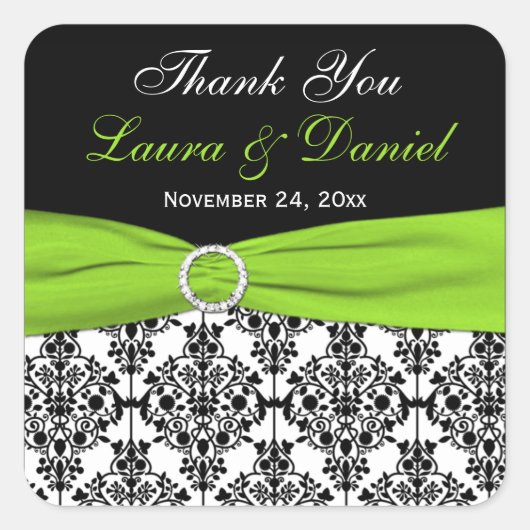 Limoen, Wit, en Zwart Damask Huwelijksgunst Vierkante Sticker (Voorkant)