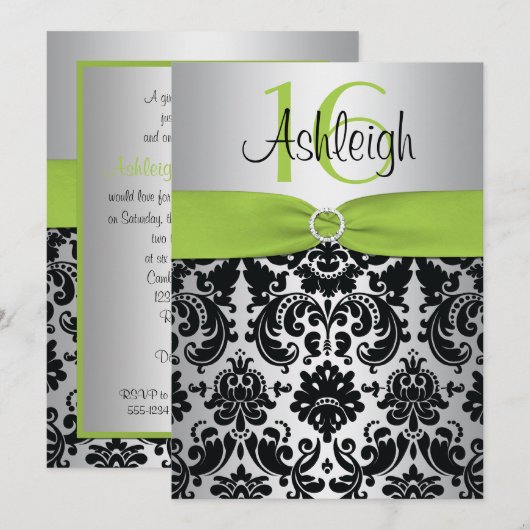 Limoen, Zilver en Black Damask Sweet 16 Uitnodigin Kaart (Voorkant / Achterkant)
