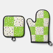 Limoen Zwart & Wit Polka Dot kleurenblok Ovenwant & Pannenlap Set (Voorkant)