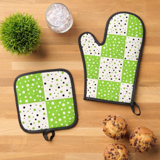 Limoen Zwart & Wit Polka Dot kleurenblok Ovenwant & Pannenlap Set (Top down)