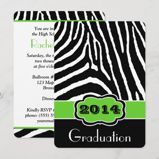 Limoen, zwart, wit zebra Print Afstuderen uitnodig Kaart (Voorkant / Achterkant)