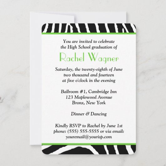 Limoen, zwart, wit zebra Print Afstuderen uitnodig Kaart (Achterkant)