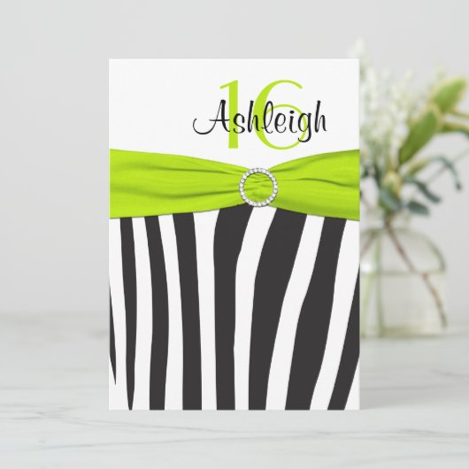 Limoen, zwart, witte Zebra 16e verjaardag uitnodig Kaart (Staand voorkant)
