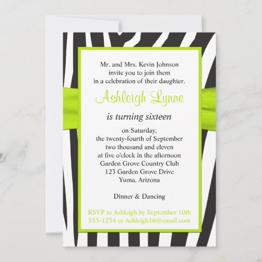 Limoen, zwart, witte Zebra 16e verjaardag uitnodig Kaart (Achterkant)