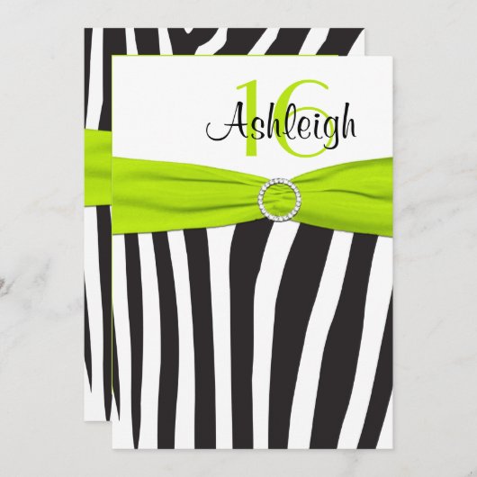 Limoen, zwart, witte Zebra 16e verjaardag uitnodig Kaart (Voorkant / Achterkant)