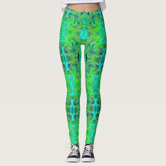 Limoengroen en Blauw Groovy Abstract Retro Kunst Leggings (Voorkant)
