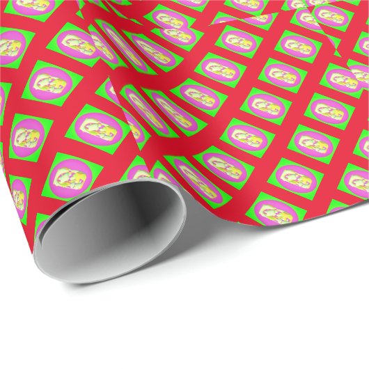 Limoengroen en felle paarse motieven cadeaupapier (Rol Hoek)