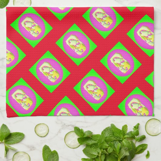 Limoengroen en felle paarse motieven theedoek (Gevouwen)