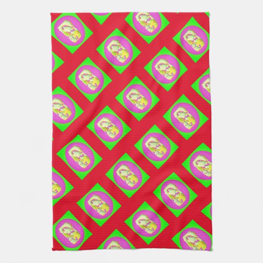 Limoengroen en felle paarse motieven theedoek (Verticaal)