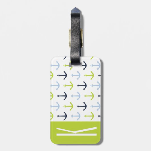 Limoengroen, lichtblauw, marine, nautische ankers bagagelabel (Achterkant verticaal)