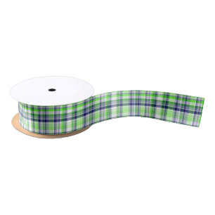 Limoengroen, Marineblauw, Wit Preppy Madras Plaid Satijnen Lint