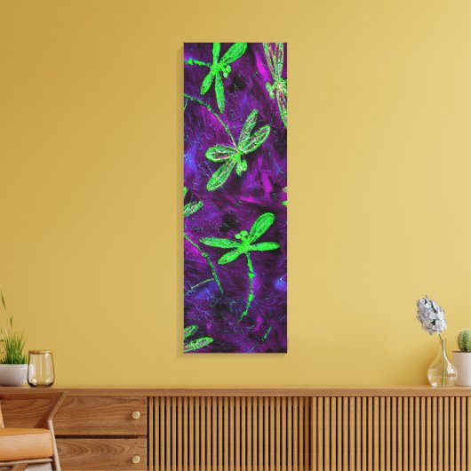 Limoengroene libellen op roze en Paarse doek Canvas Afdruk (Insitu (Woonkamer))
