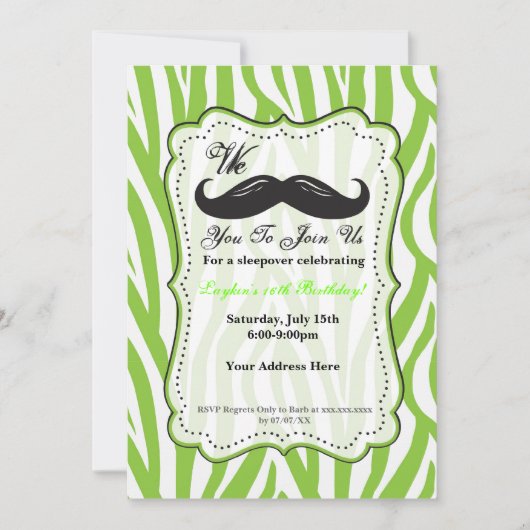 Limoengroene Zebra Snor Verjaardagsfeest Uitnodigi Kaart (Voorkant)