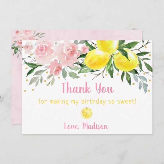 limonade roze goud bloemen verjaardag dank u bedankkaart (Voorkant / Achterkant)