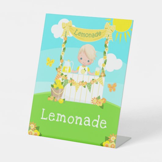 limonade stand verjaardag blond haar jongen reclamebord met voetstuk (Voorkant)