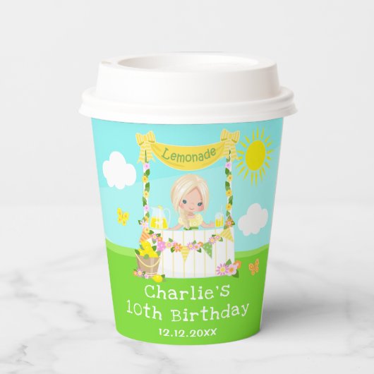 limonade stand verjaardag blond haar meisje papieren bekers (Achterkant)