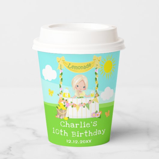 limonade stand verjaardag blond haar meisje papieren bekers (Voorkant)