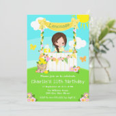 limonade stand verjaardag bruin haar meisje kaart (Staand voorkant)