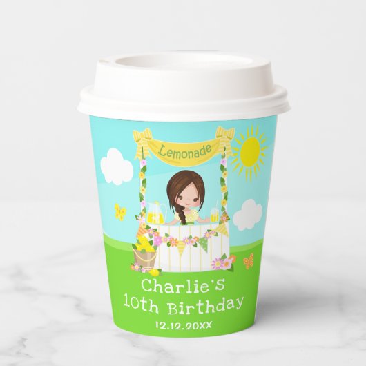limonade stand verjaardag bruin haar meisje papieren bekers (Achterkant)