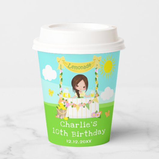 limonade stand verjaardag bruin haar meisje papieren bekers (Voorkant)