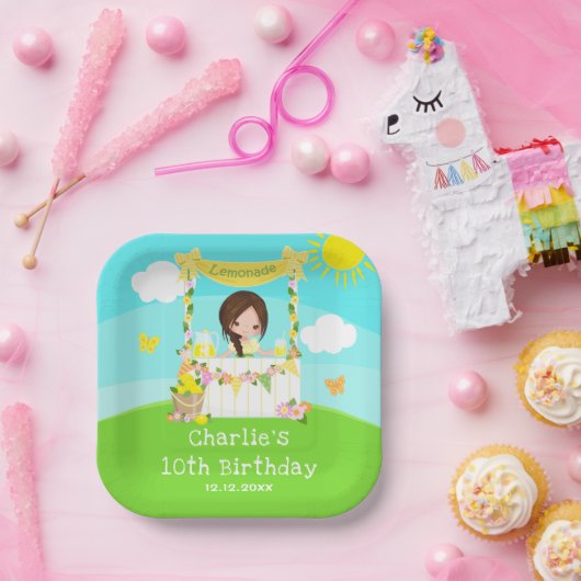limonade stand verjaardag bruin haar meisje papieren bordje (Feest)