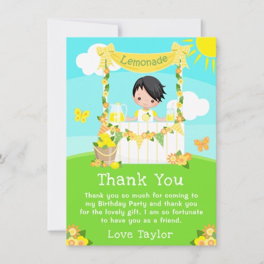 limonade stand verjaardag zwart haar jongen bedankkaart (Voorkant)