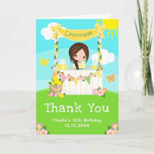 Limonadestand Verjaardag Bruin Haar Meisje Bedankkaart (Voorkant)