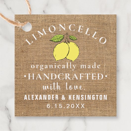 Limoncello burlap look rustiek land bedankjes labels (Voorkant)