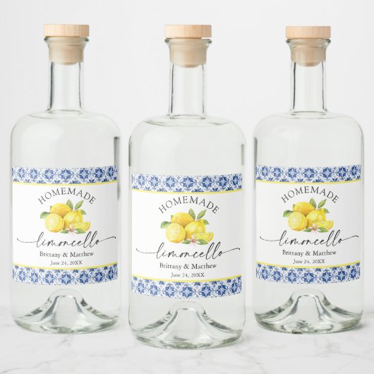Limoncello Calligrafie Blauwe Tegel Waterverf Citr Likeurfles Etiket (Flessen)