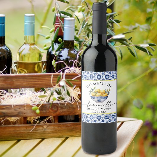 Limoncello Calligrafie Waterverf Citroenblauw Tege Wijn Etiket