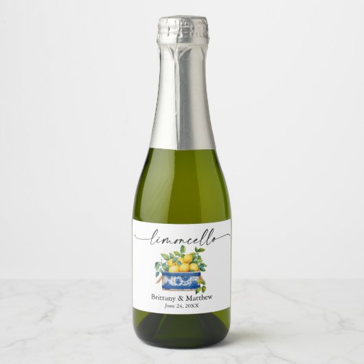 Limoncello Calligrafie Waterverf Citroenen Blauwe  Sparkling Wijnetiket (Voorkant)