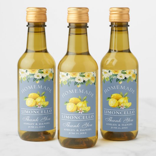 Limoncello Citroenen Bloemen Stoffig Blauw Mini Wijn Etiket (Flessen)