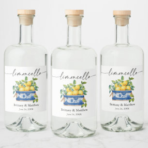 Limoncello Kalligrafie Waterverf Citroenen Blauwe  Likeurfles Etiket