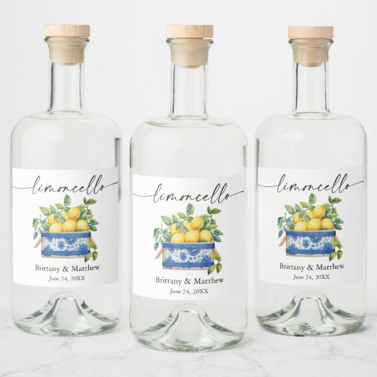 Limoncello Kalligrafie Waterverf Citroenen Blauwe  Likeurfles Etiket (Flessen)