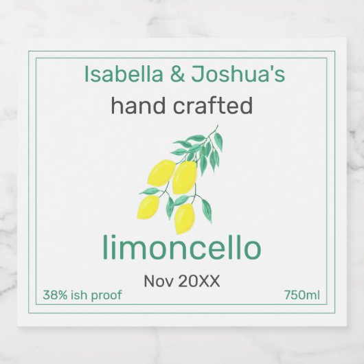 Limoncello-label met de tekst 'Thuis gemaakt met l Likeurfles Etiket (Enkel label)