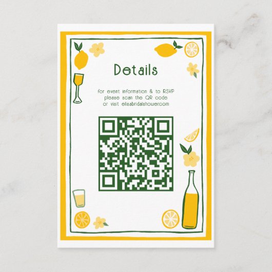 Limoncello Lemonade Aangepaste QR Bruidsfeest Informatiekaartje (Voorkant)