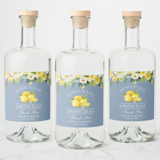 Limoncello Waterverf Bloemencitroenen Stofblauw Likeurfles Etiket (Flessen)
