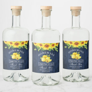Limoncello Waterverf Zonnebloemen Blauw Hout Likeurfles Etiket