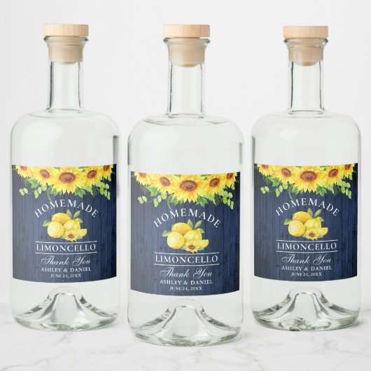 Limoncello Waterverf Zonnebloemen Blauw Hout Likeurfles Etiket (Flessen)