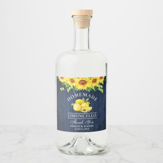 Limoncello Waterverf Zonnebloemen Blauw Hout Likeurfles Etiket (Voorkant)