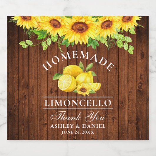 Limoncello Waterverf Zonnebloemen Hout Likeurfles Etiket (Enkel label)