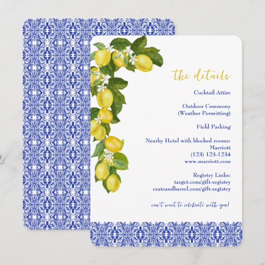 Limone I Italiaans Citroen & Blauwe Tegel Trouwdet Kaart (Voorkant / Achterkant)