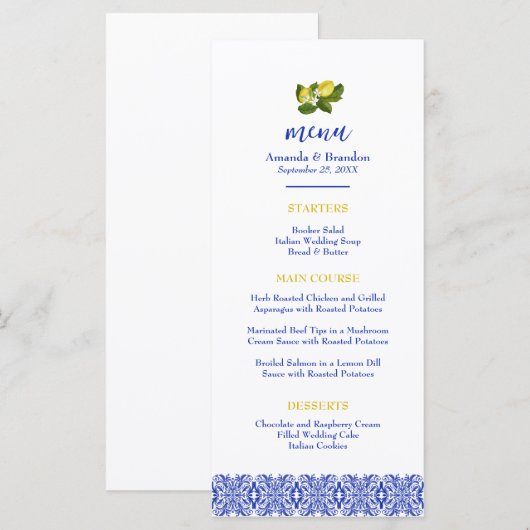 Limone I Italiaans Citroen & Blauwe Tegel Trouwmen Menu (Voorkant / Achterkant)