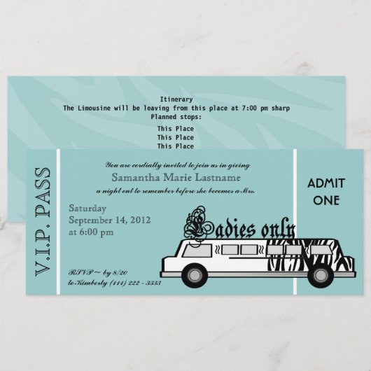 Limousine Bachelorette Party Pass Kaart (Voorkant / Achterkant)