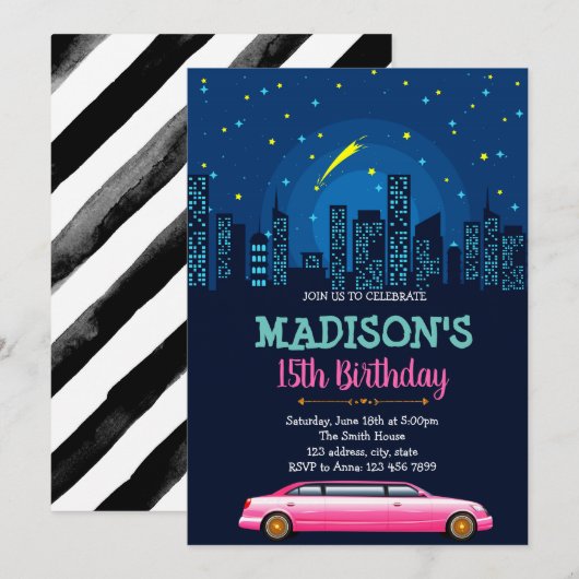 Limousine verjaardagsfeestje uitnodiging (Voorkant / Achterkant)