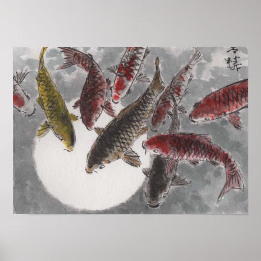 Lin Li's Art Chinese Waterverf 9 KOI Fish Moon Poster (Voorkant)