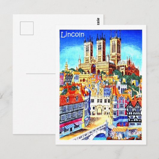 Lincoln city, Engeland, illustratie, vintage Briefkaart (Voorkant / Achterkant)