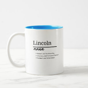 Lincoln, jongen gepersonaliseerde naamsdefinitie tweekleurige koffiemok